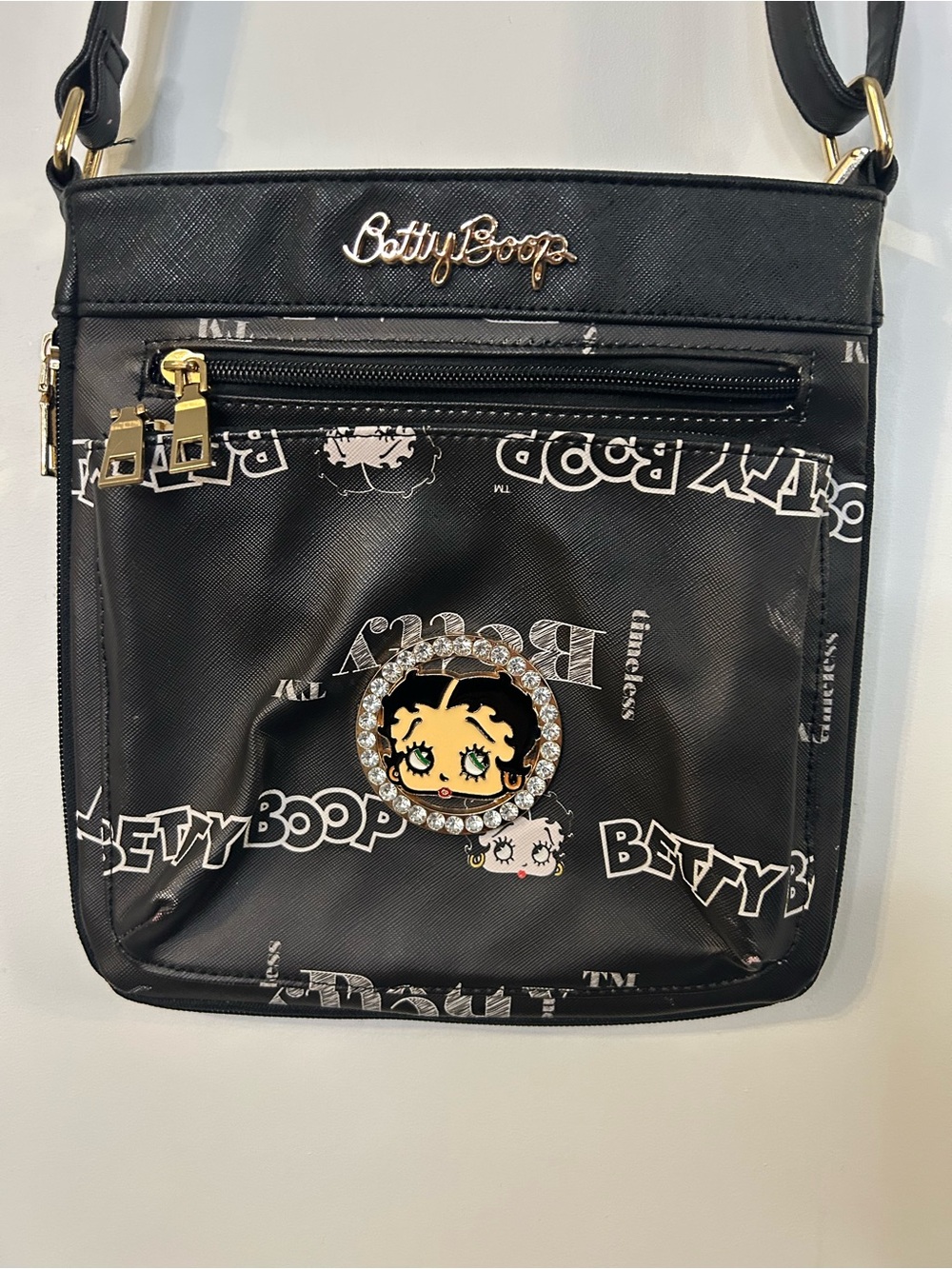 Betty Boop Black Crossbody with Gold-Tone & Crystal Accent